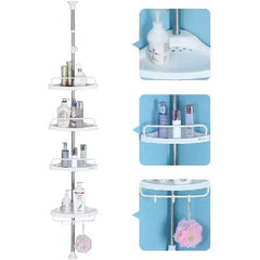 Etajeră Colț pentru Baie/Duș cu 4 Rafturi, Suport Prosop și Cărlige, Înălțime Reglabilă Max. 3.2 Metri, Alb