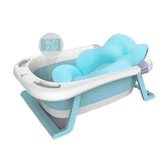 Cadita pliabila cu termometru incorporat si perna, Dimensiuni 83 x 50 x 20 cm, Material PP/TPE, Pliere rapida, Usor de utilizat, Picioare antiderapante, Varsta 0-3 ani, Structura Solida, Culoare Albastru