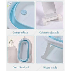 Cadita pliabila cu termometru incorporat si perna, Dimensiuni 83 x 50 x 20 cm, Material PP/TPE, Pliere rapida, Usor de utilizat, Picioare antiderapante, Varsta 0-3 ani, Structura Solida, Culoare Albastru