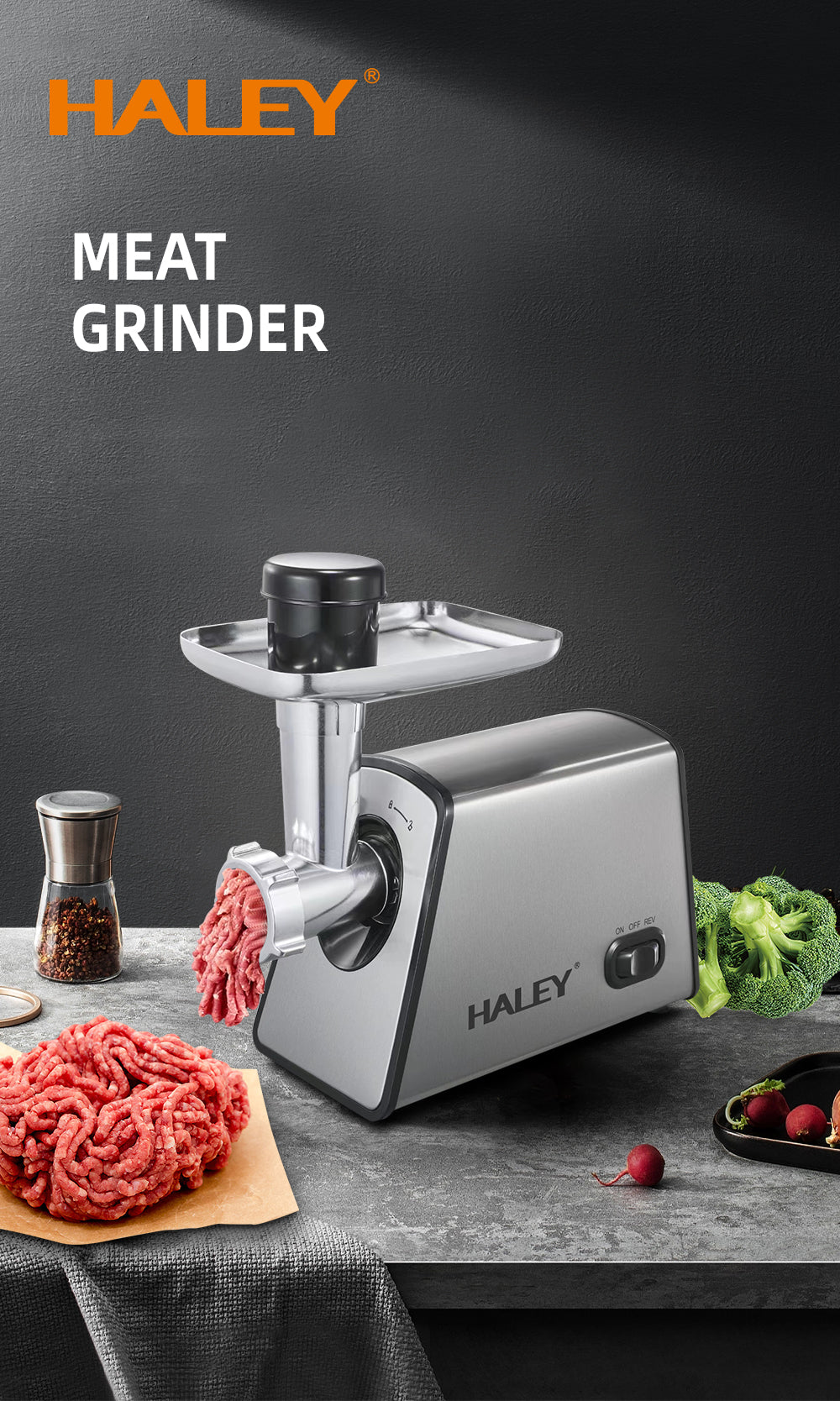 Mașină de tocat carne HALEY, 2600 W, carcasă din oțel inoxidabil, componente demontabile