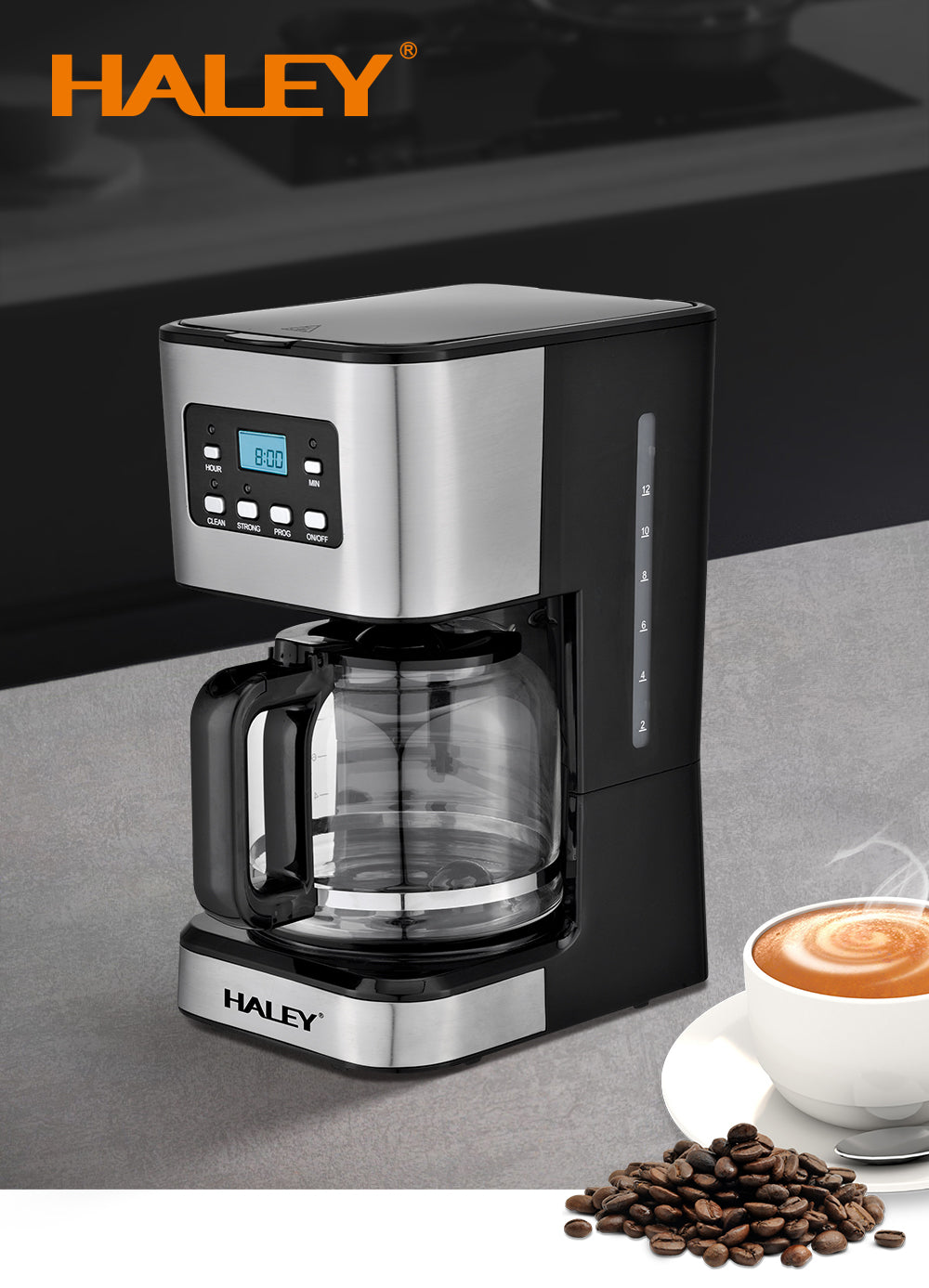 Cafetieră HALEY, 950 W, 1.5 L, afișaj LED, sistem anti-picurare, carcasă inox