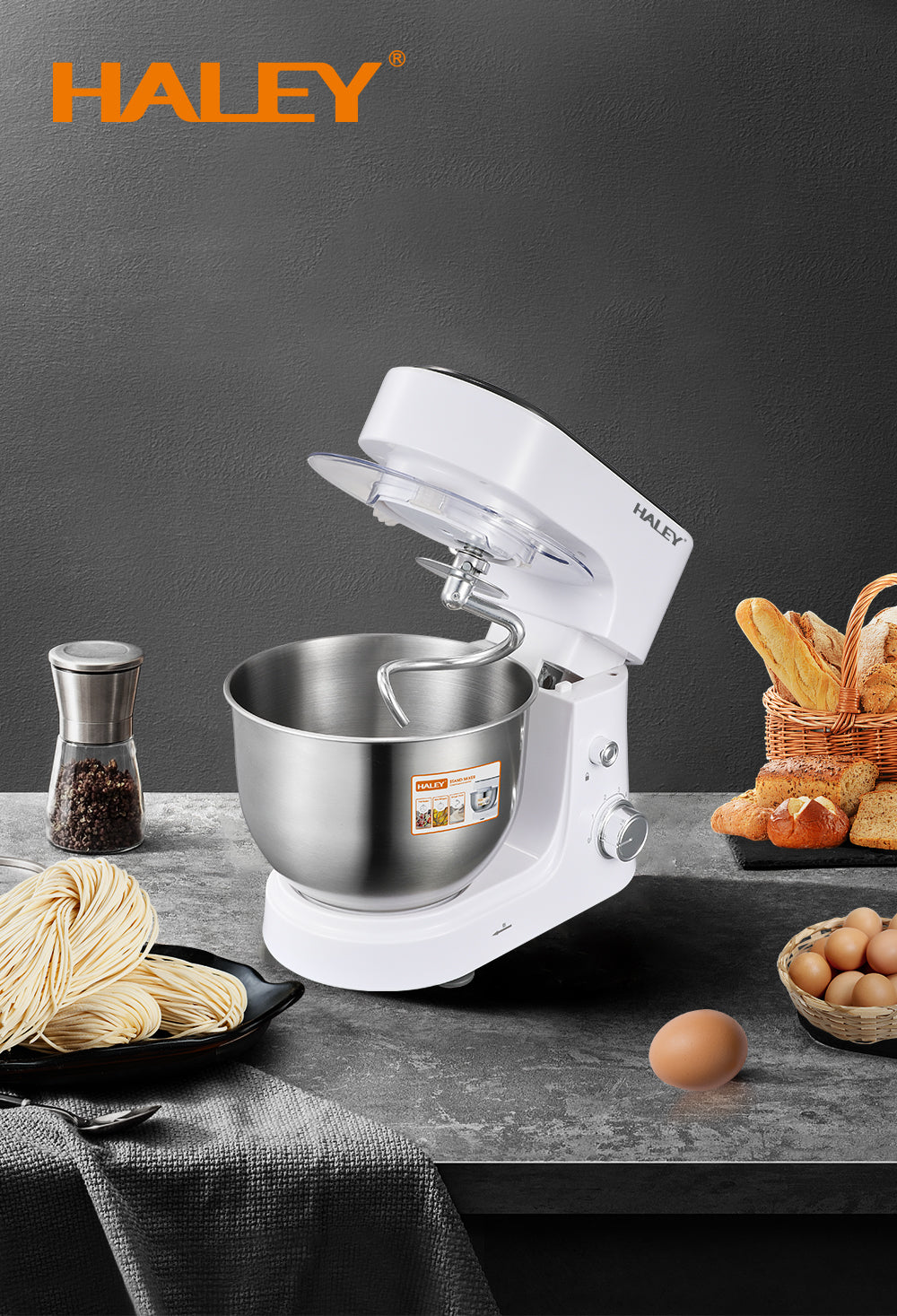 Mixer Profesional HALEY HY-2409, 1200W, Bol 6L Inox, 6 Viteze + Pulse, Alb/Inox, Silențios, Protecție Întrerupere