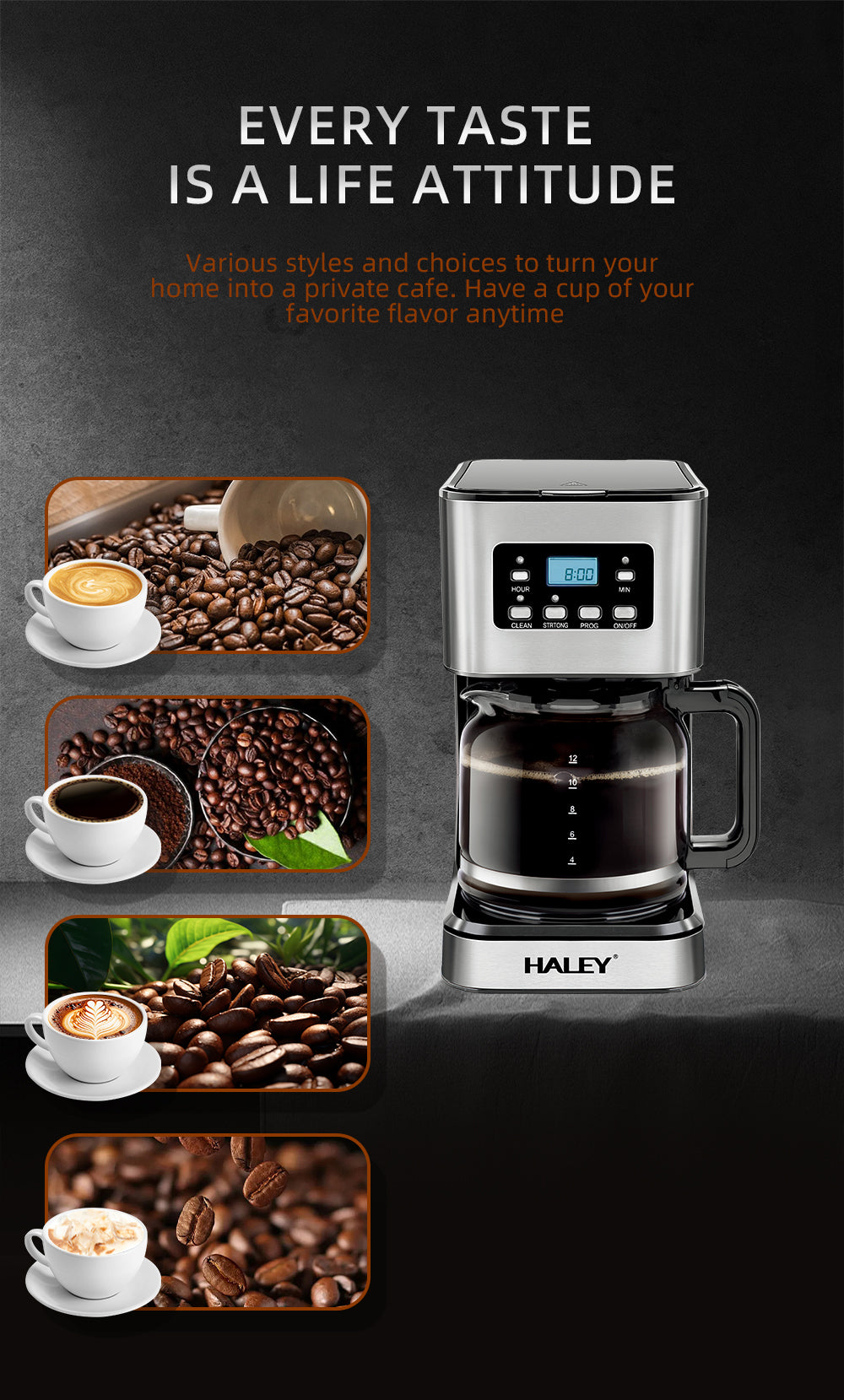 Cafetieră HALEY, 950 W, 1.5 L, afișaj LED, sistem anti-picurare, carcasă inox