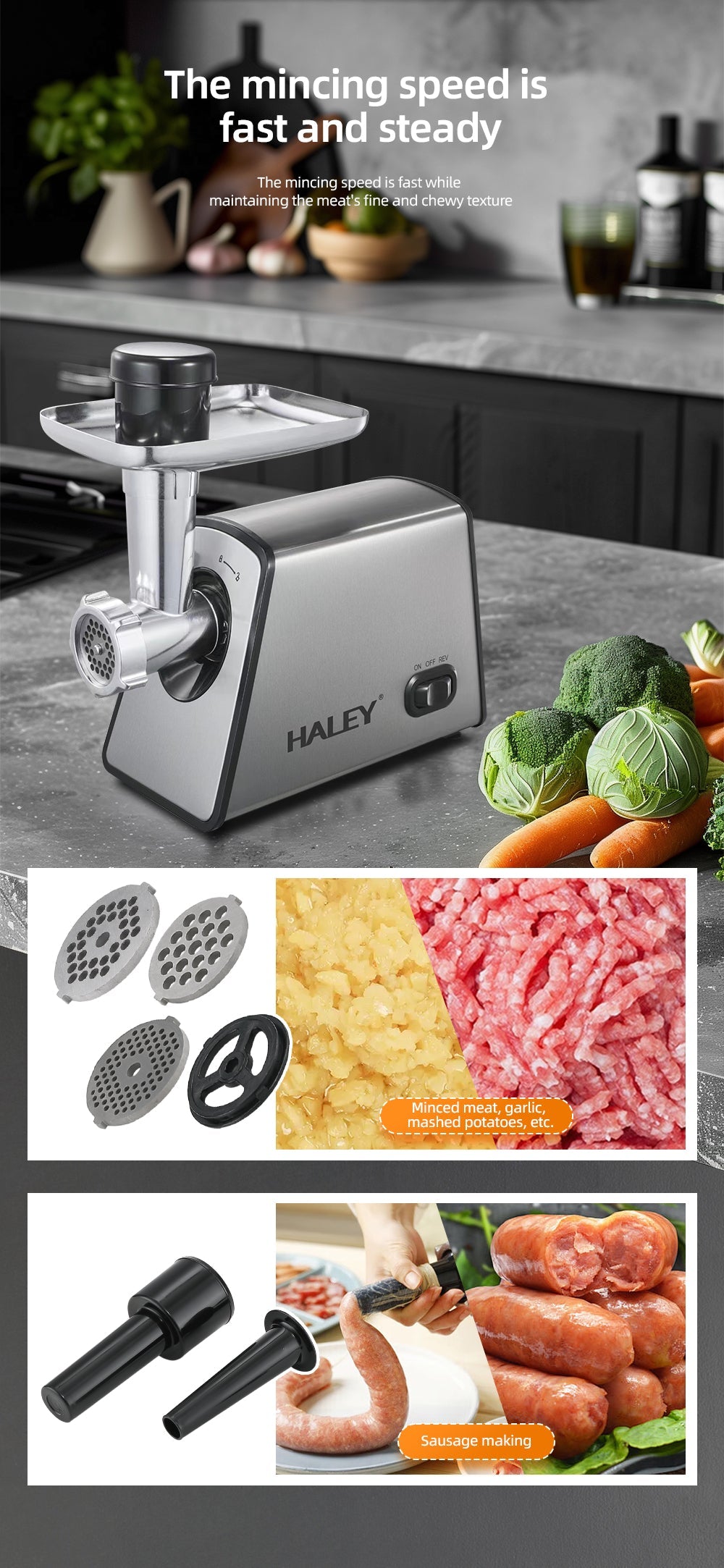 Mașină de tocat carne HALEY, 2600 W, carcasă din oțel inoxidabil, componente demontabile
