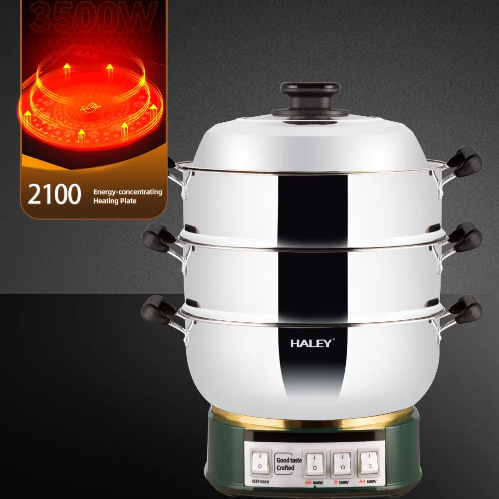 Aparat de gătit cu abur HALEY HY-501, 2100 W, 2 tăvi, 3 niveluri de putere, inox