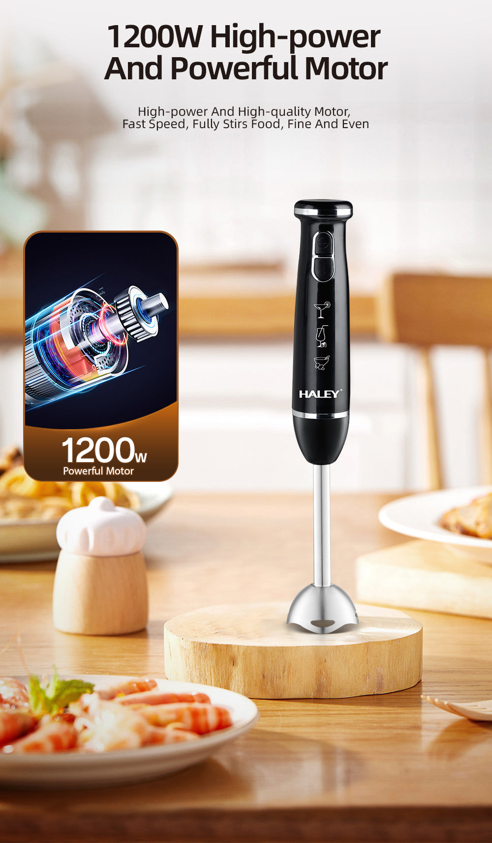 Blender Vertical HALEY 1200W cu Lame Inox, 2 Viteze, Motor Silențios, Mâner Anti-Alunecare | Design Compact 37 cm