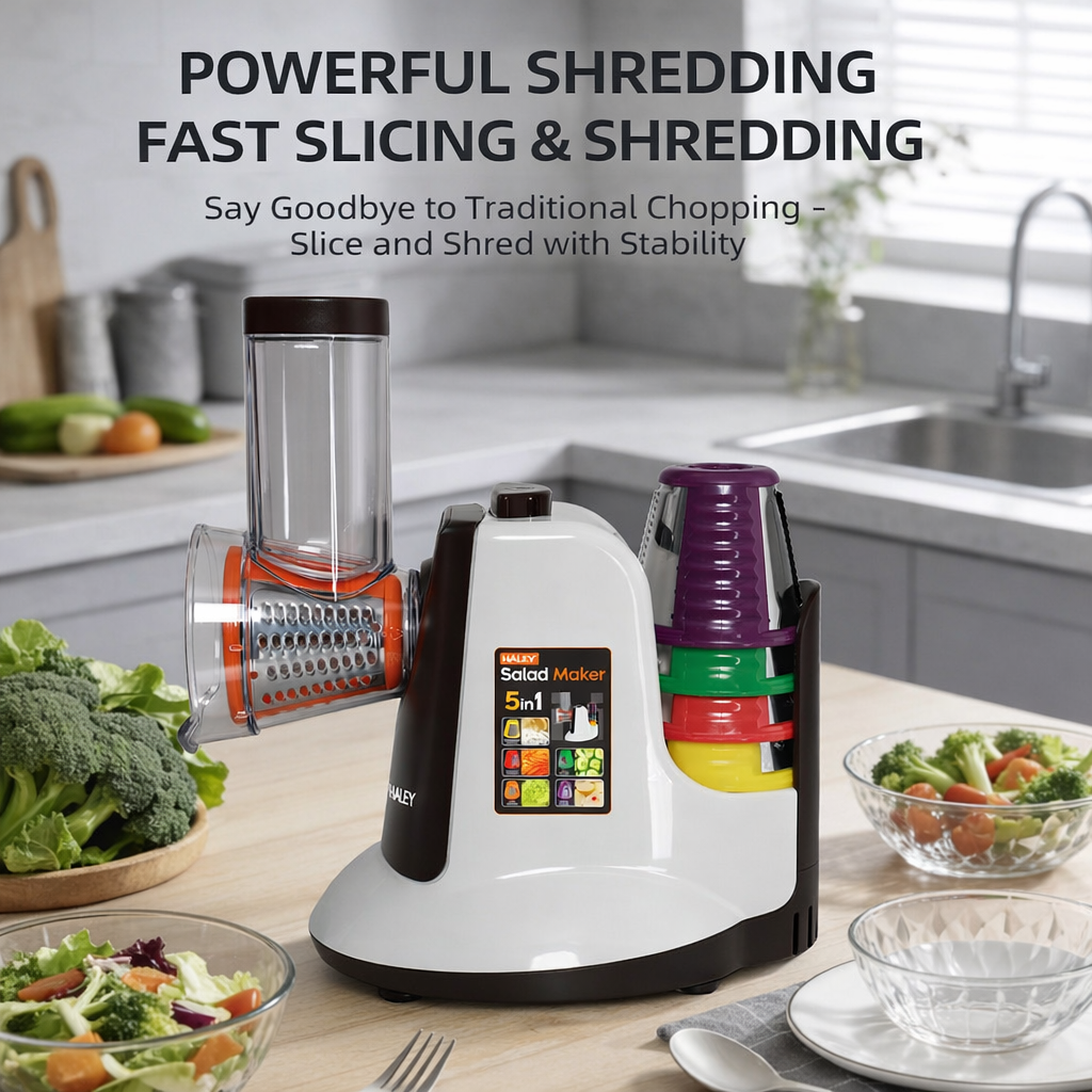 Aparat de salată electric HALEY HY-1327, 5 în 1, 600 W, 5 tamburi interschimbabili, lame inox