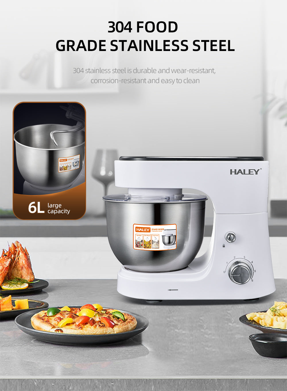 Mixer Profesional HALEY HY-2409, 1200W, Bol 6L Inox, 6 Viteze + Pulse, Alb/Inox, Silențios, Protecție Întrerupere