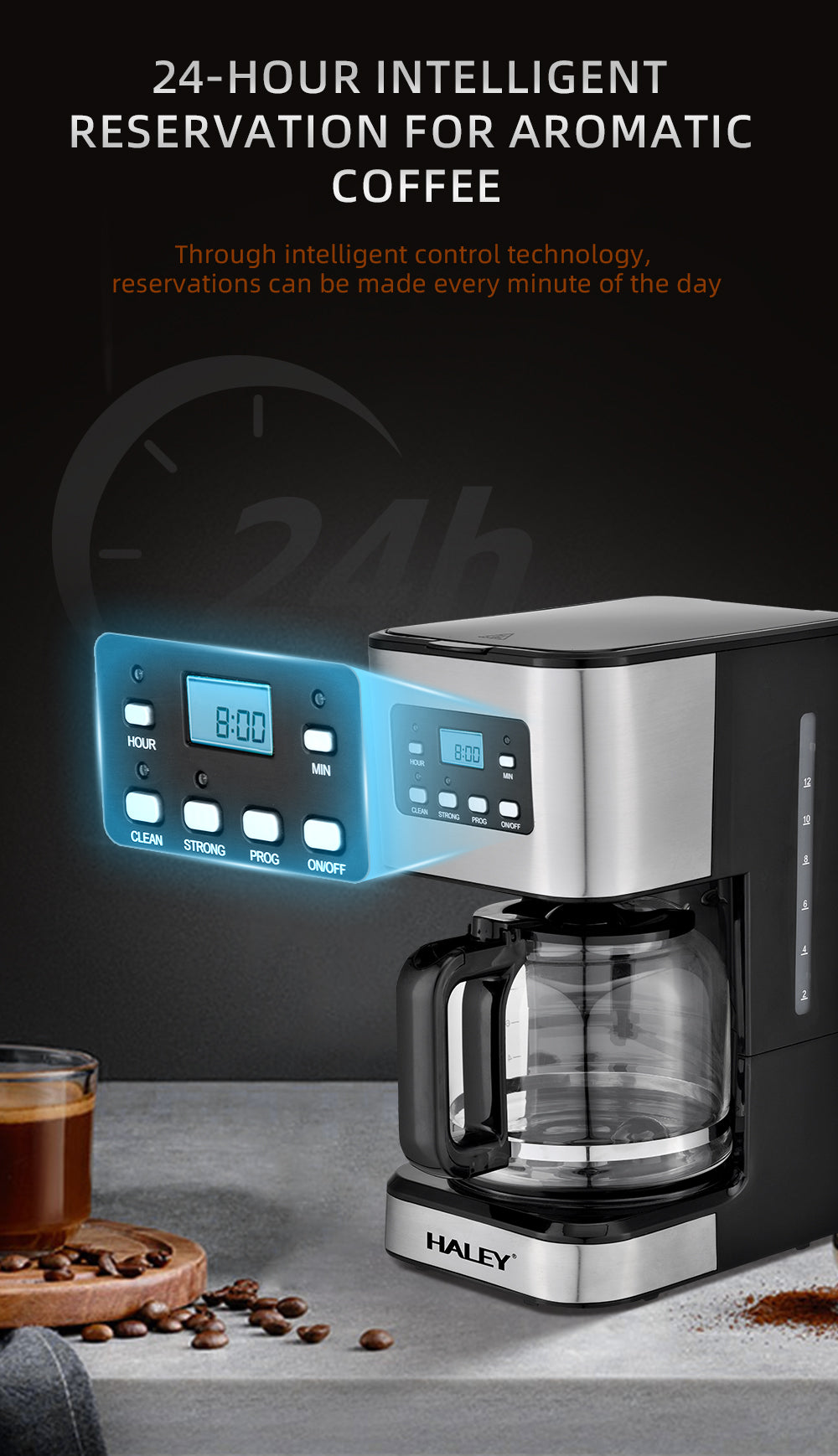 Cafetieră HALEY, 950 W, 1.5 L, afișaj LED, sistem anti-picurare, carcasă inox