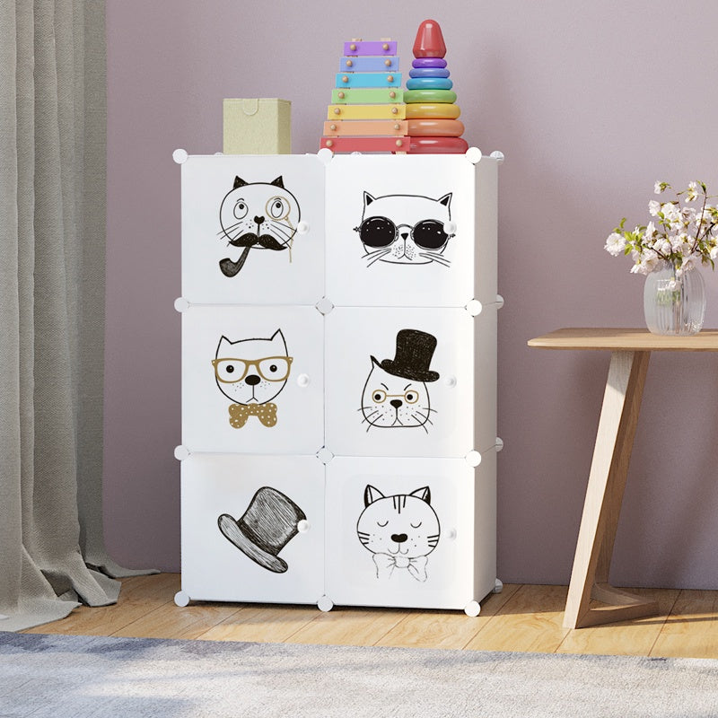 Dulap modular pentru copii AT Performance, 6 rafturi, 74x37x110 cm, plastic dur, alb cu pisicuțe