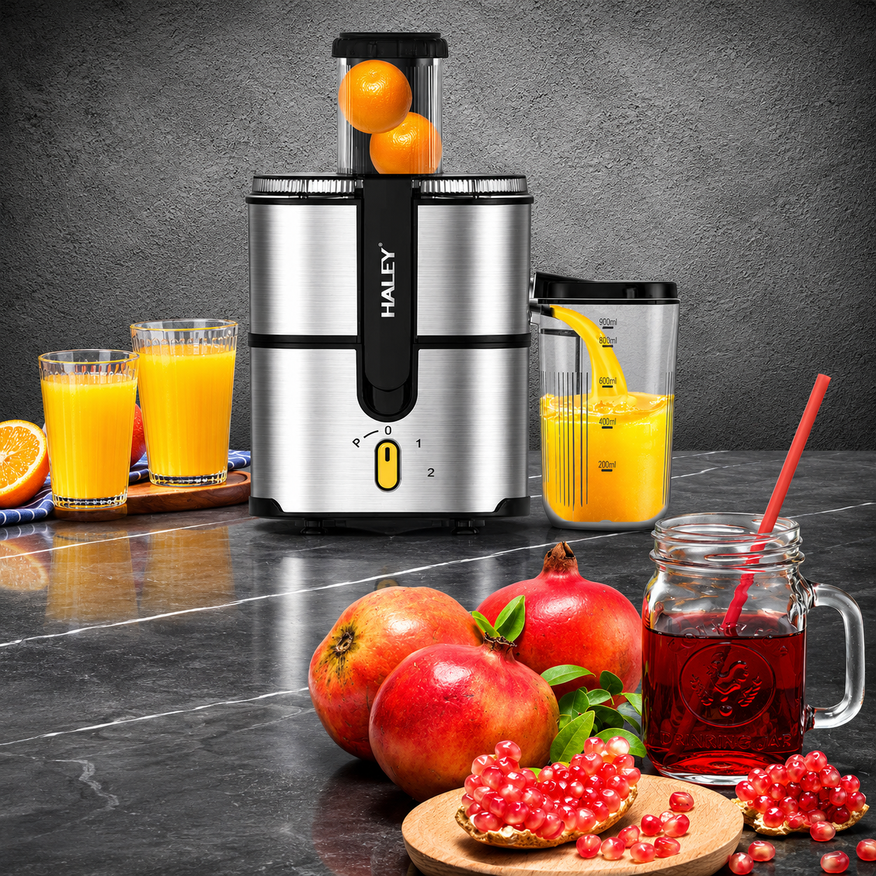 Storcător de fructe și legume HALEY HY-2963, 1000 W, tub 75 mm, 2 viteze cu Pulse, argintiu/negru