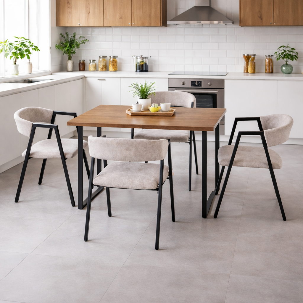 Set masă dining cu 4 scaune AT Performance, 120x70x75,5 cm, blat lemn, cadru metalic, negru