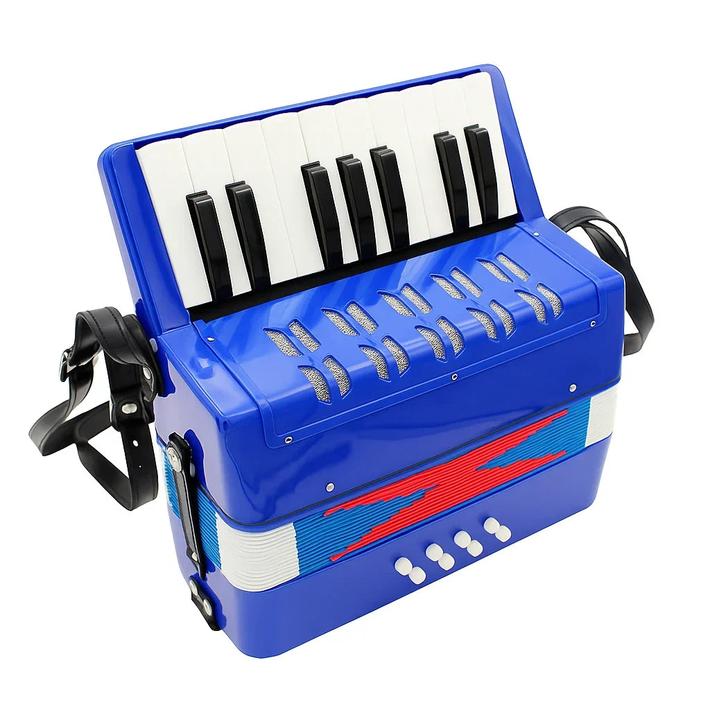 Acordeon de jucărie AT Performance, 17 clape, 8 bași, 23 x 10 x 22 cm, 1.5 kg, albastru sidef