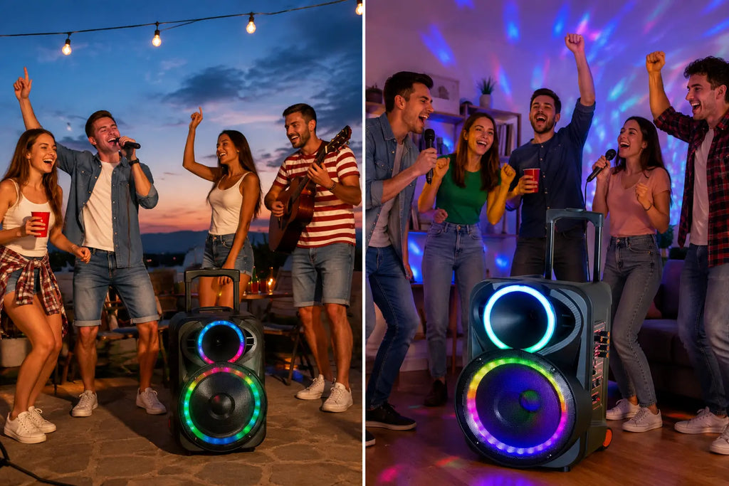Boxă karaoke portabilă KOLAV F1230, difuzor 12 inch, 400 W PMPO, 2 microfoane wireless, baterie 3600 mAh