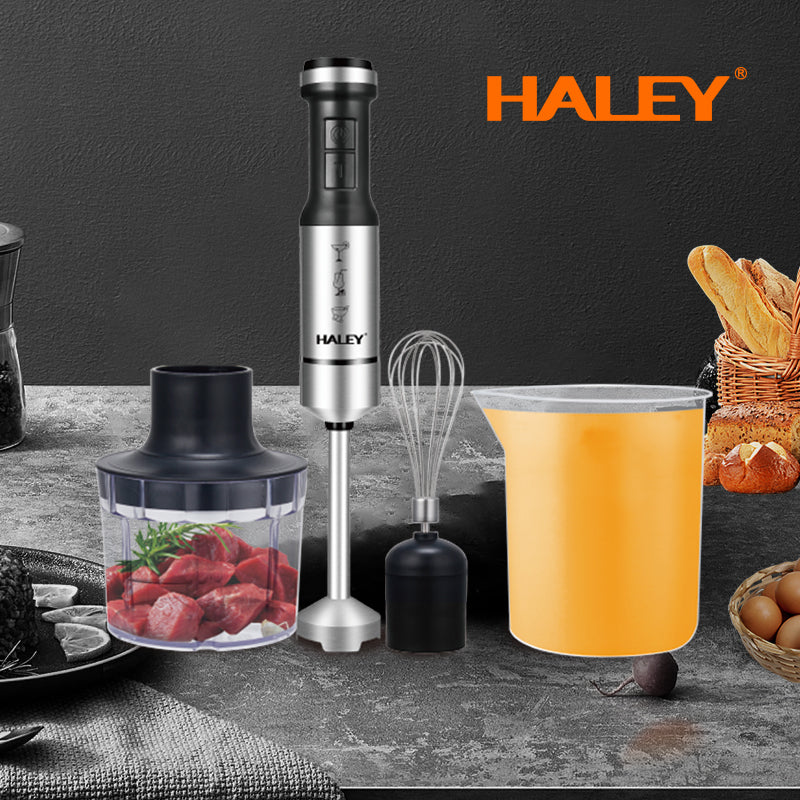 Blender de mână 4 în 1 HALEY, 1200 W, 2 viteze și turbo, picior inox, tocător, tel, pahar gradat
