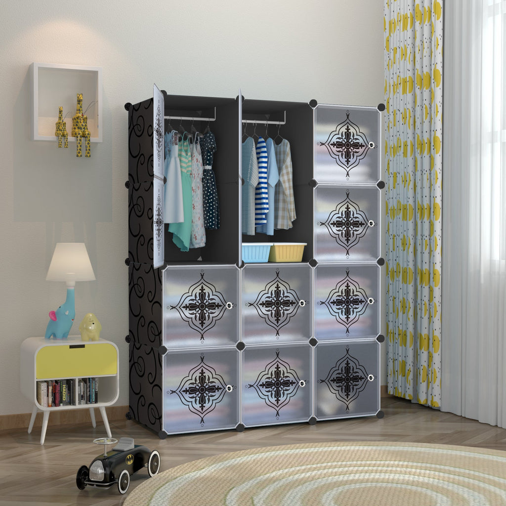Dulap modular pentru copii AT Performance, 12 rafturi, 163x110x47 cm, uși transparente, negru