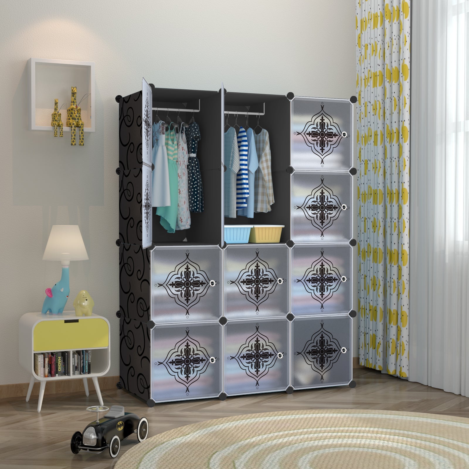 Dulap modular pentru copii AT Performance, 12 rafturi, 163x110x47 cm, uși transparente, negru