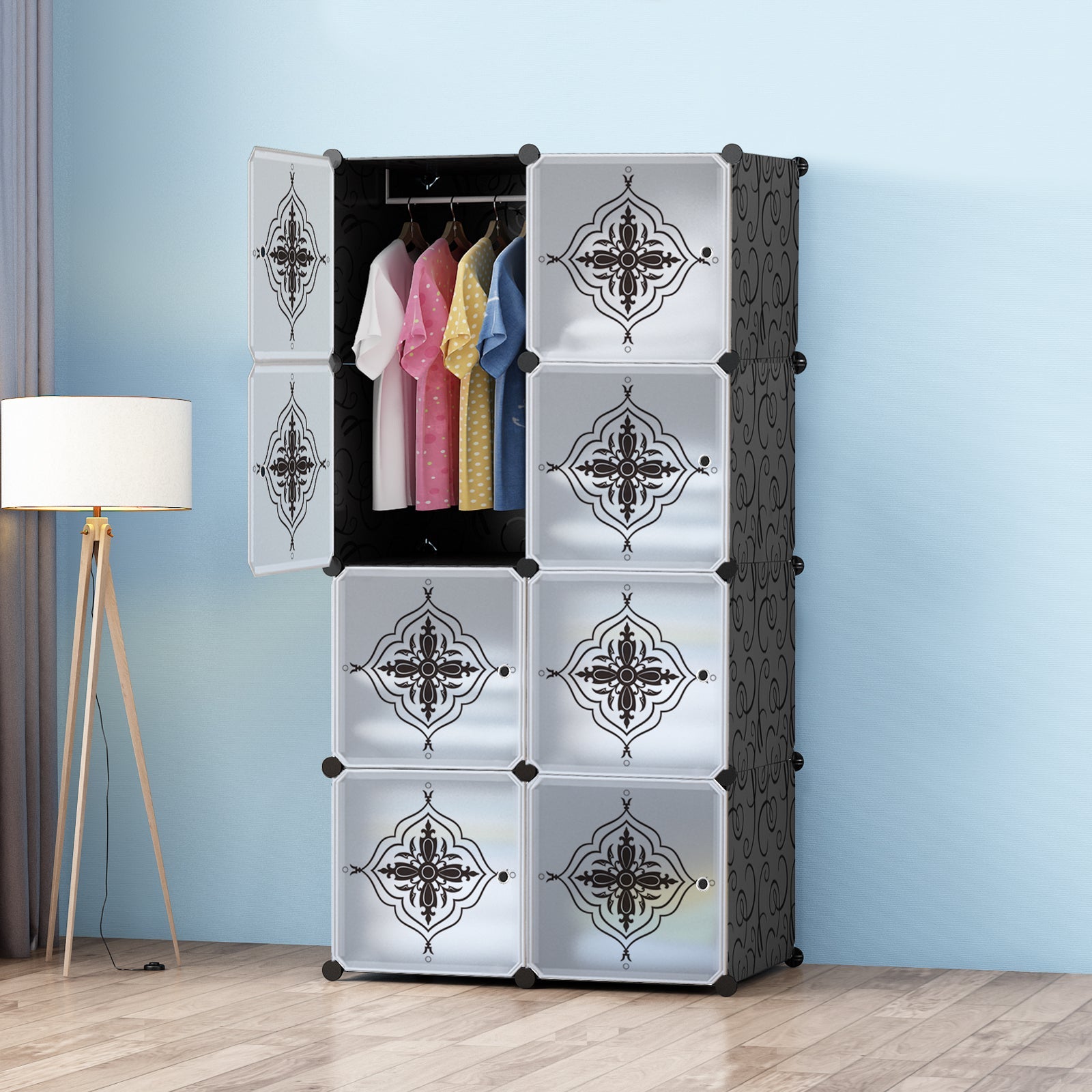 Dulap modular pentru copii AT Performance, 8 rafturi, 148x75x37 cm, uși transparente, negru