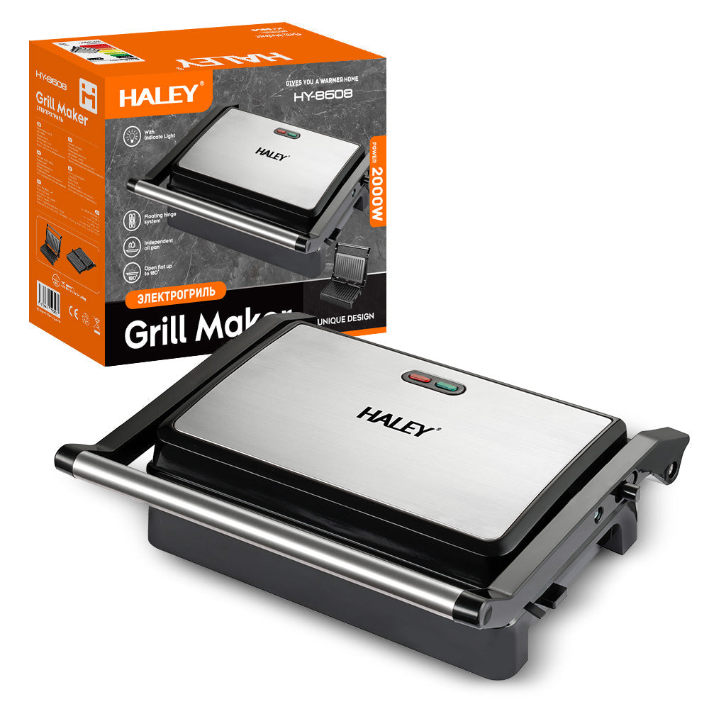 Grill Maker HALEY 2000W, Full Inox, Argintiu/Negru, Tuburi de Încălzire Curvate, Tavă de Gătit Integrată