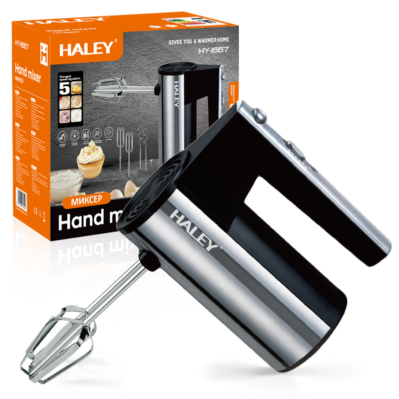 Mixer de mână HALEY, 500 W, 5 trepte de viteză, carcasă inox, 4 tije, teluri și cârlige de frământat