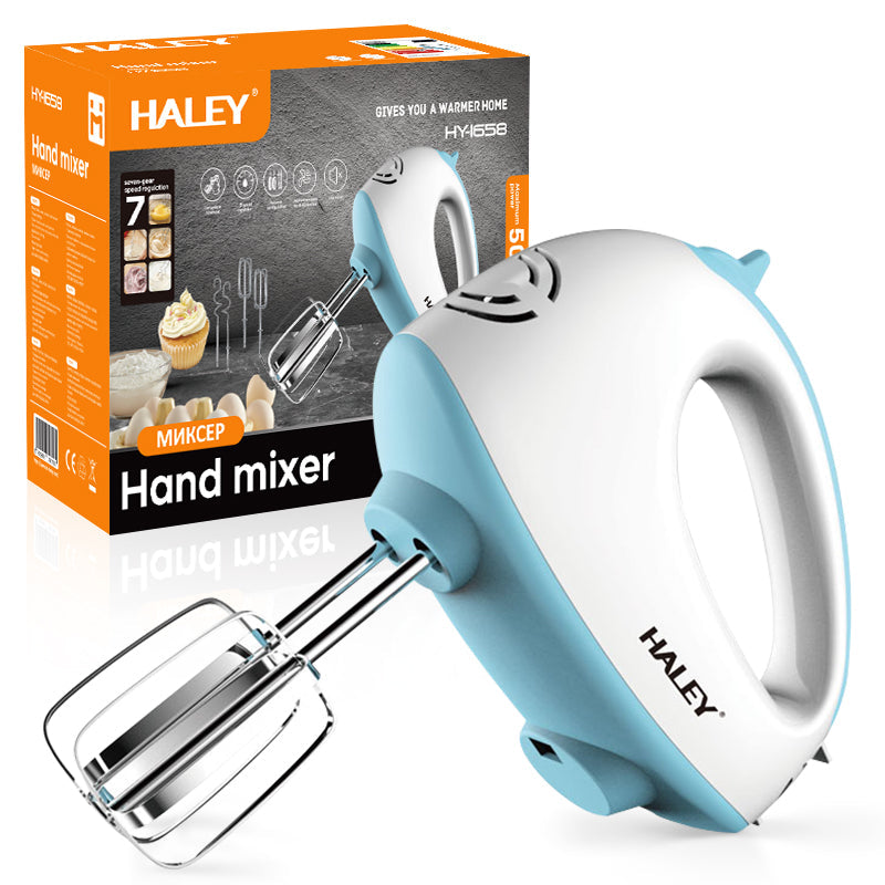 Mixer de Mână Haley 500W, 7 Trepte Viteză, Alb/Albastru, Silențios, Accesorii Incluse