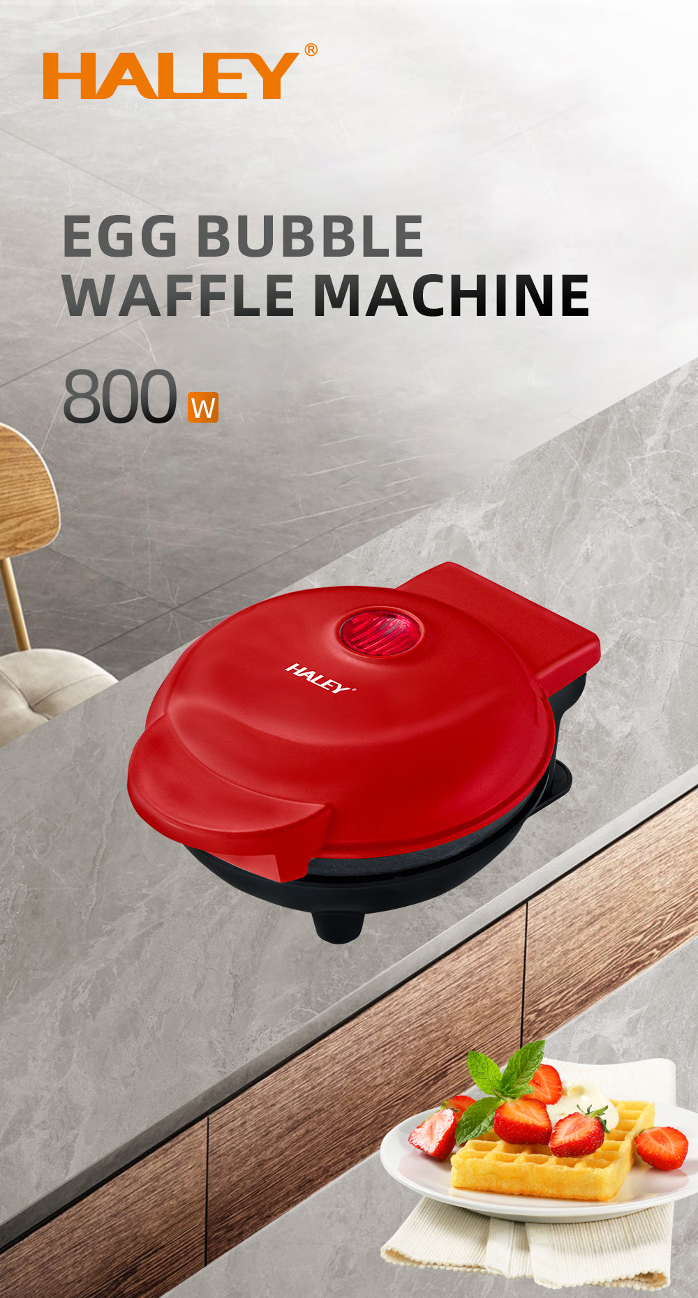 Aparat de gofre mini HALEY, 800 W, plăci duble antiaderente, indicator luminos, roșu