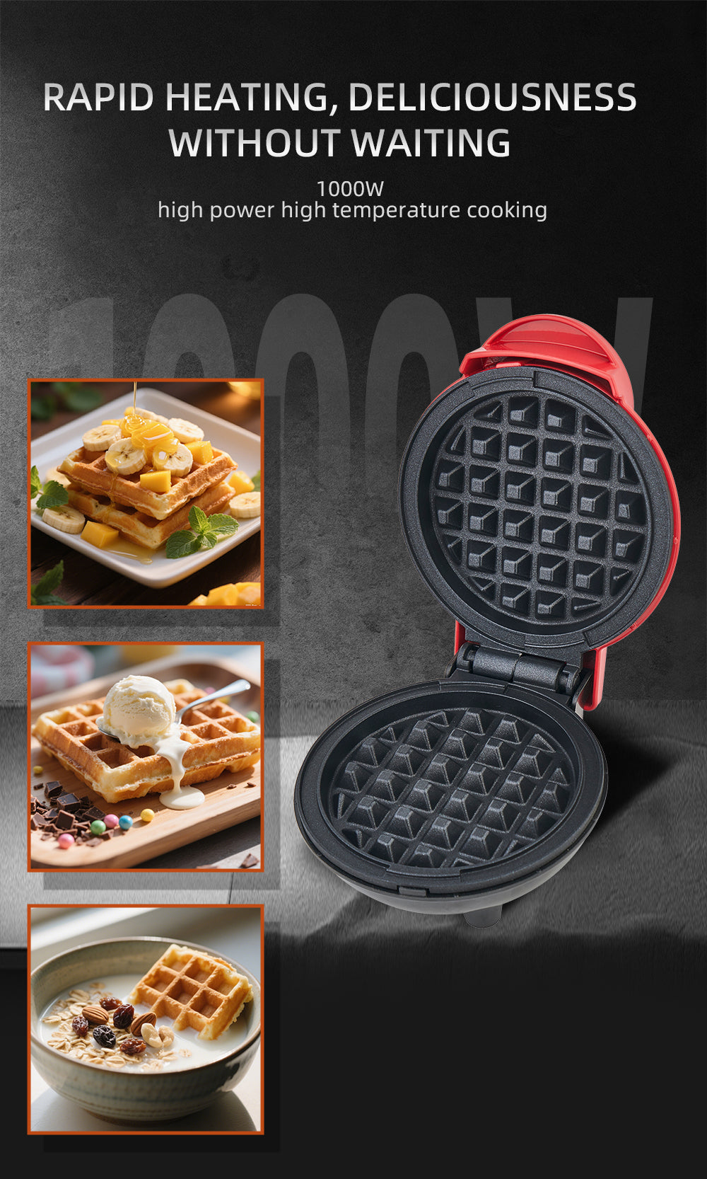 Aparat de gofre mini HALEY, 800 W, plăci duble antiaderente, indicator luminos, roșu
