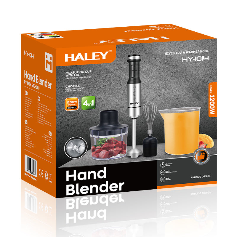 Blender de mână 4 în 1 HALEY, 1200 W, 2 viteze și turbo, picior inox, tocător, tel, pahar gradat