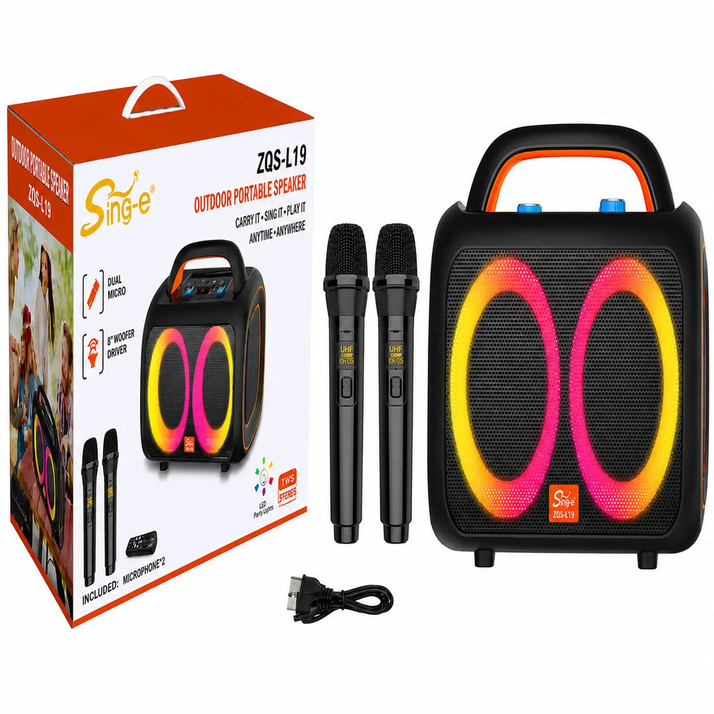 Boxă karaoke portabilă Sing-E ZQS-L19, 2x6 inch, 1400 W, 2 microfoane wireless, RGB LED, negru