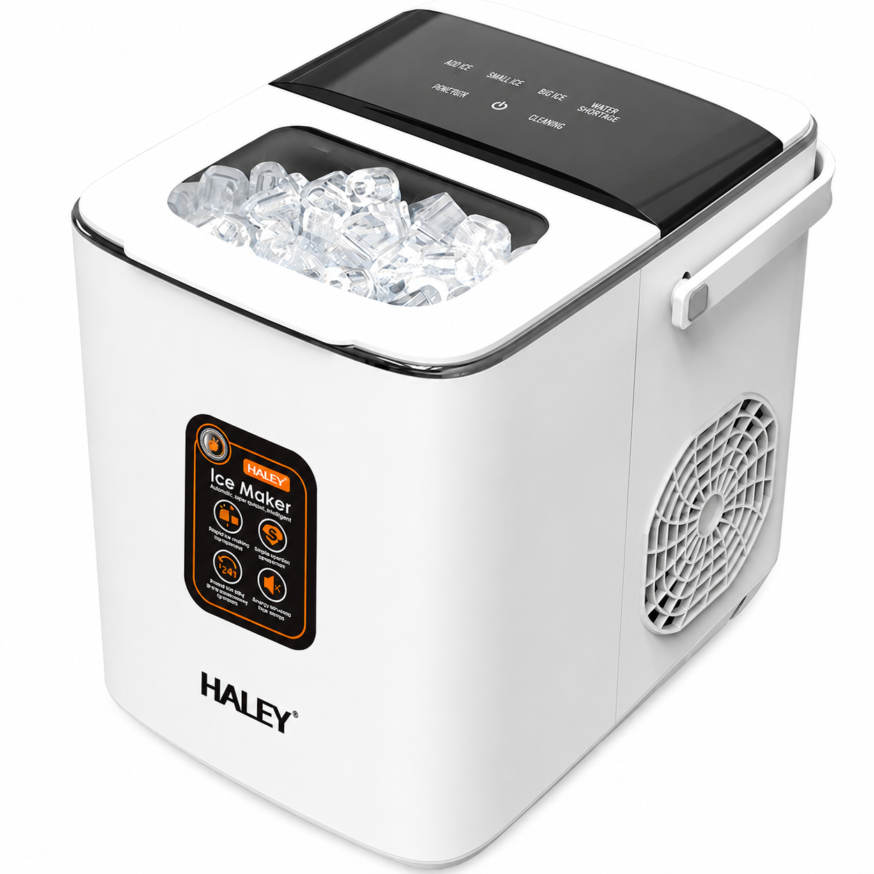 Mașină de gheață HALEY HY-6101, 100 W, 12 kg/24h, rezervor 1,8 L, 2 dimensiuni cuburi, alb