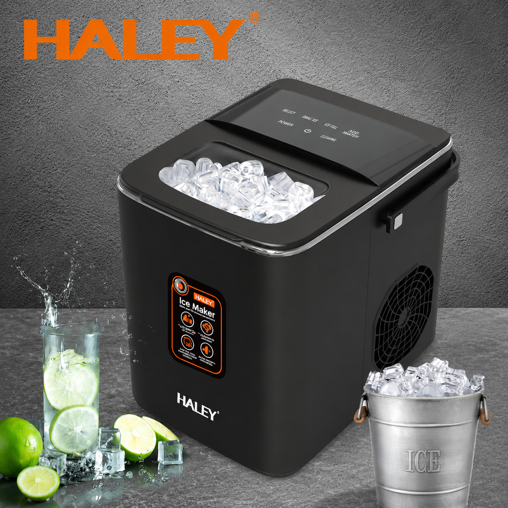 Mașină de gheață HALEY HY-6102, 100 W, 12 kg/24h, rezervor 1,8 L, 2 dimensiuni cuburi, negru
