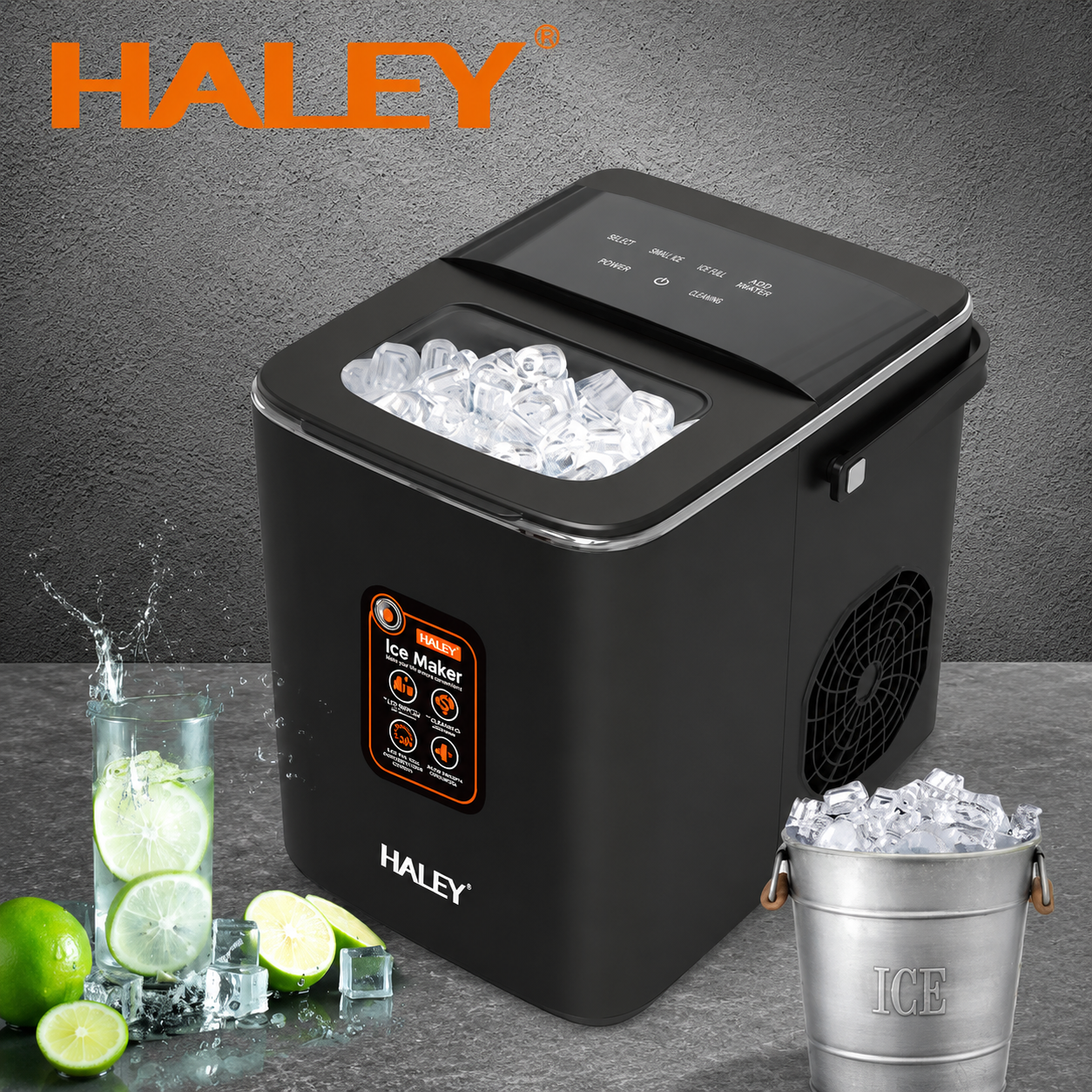 Mașină de gheață HALEY HY-6102, 100 W, 12 kg/24h, rezervor 1,8 L, 2 dimensiuni cuburi, negru
