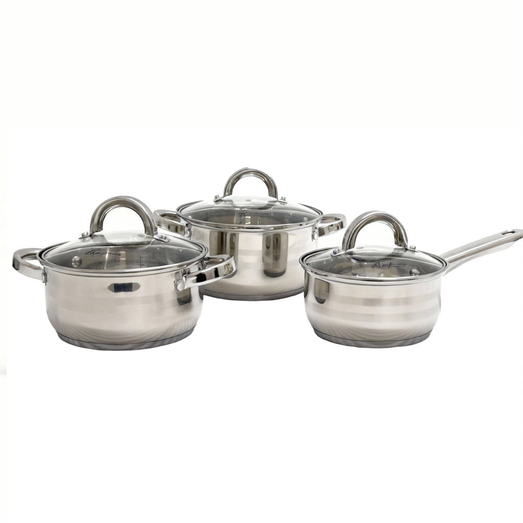 Set oale inox AT Performance, 3 piese, 1,6 L, 2,3 L și 3,1 L, capace din sticlă, compatibile inducție