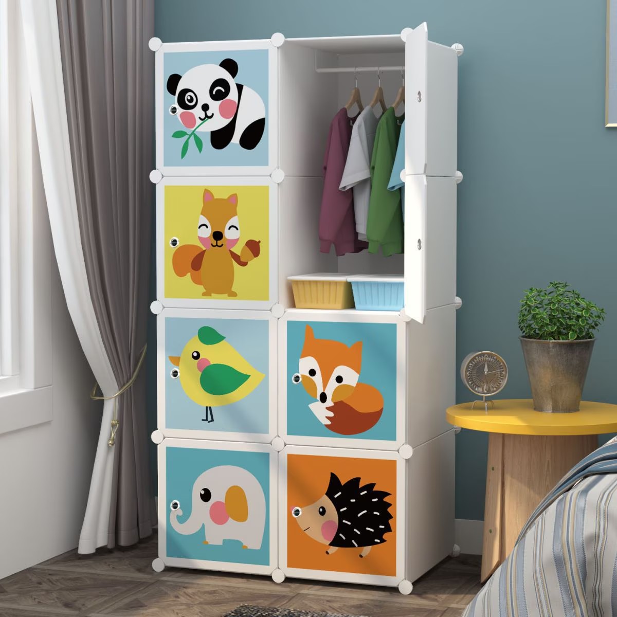 Dulap modular pentru copii AT Performance, 8 rafturi, 76x37x147 cm, plastic durabil, alb cu animăluțe