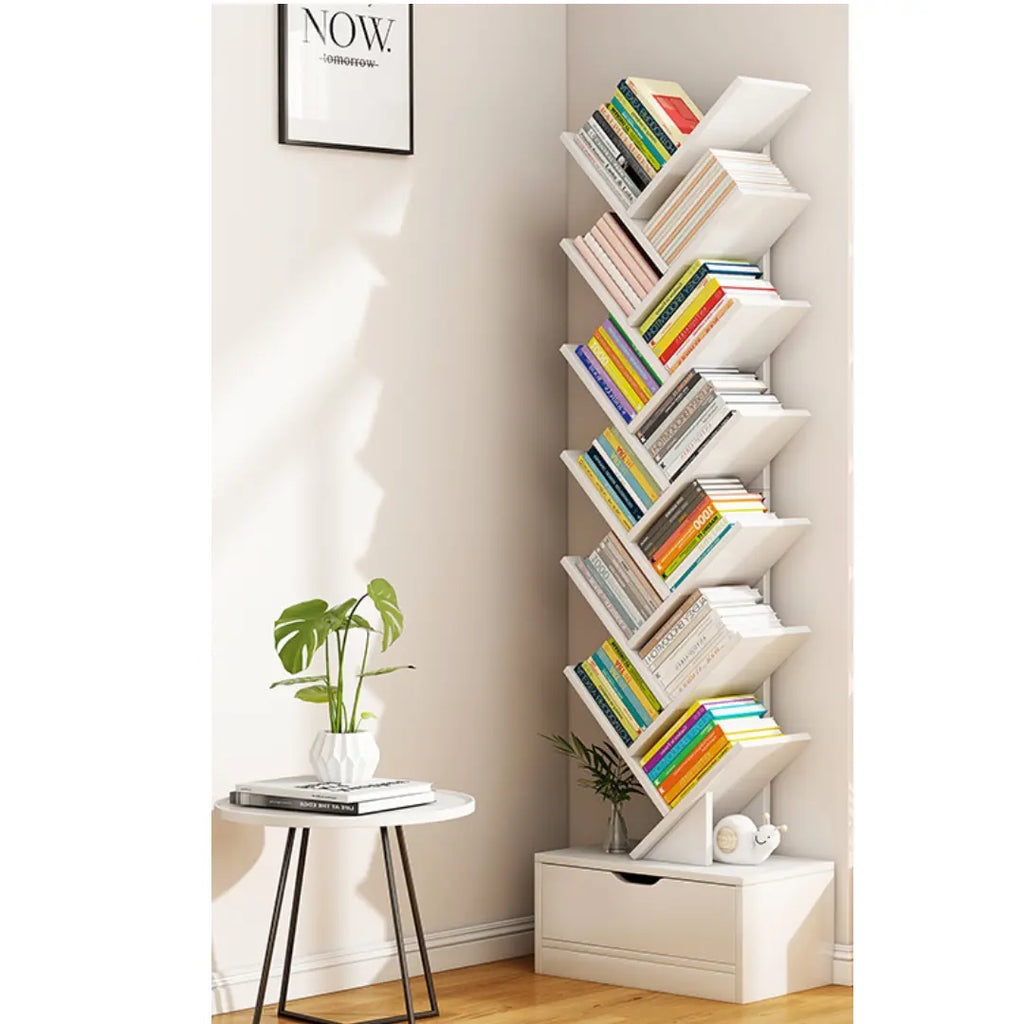 Bibliotecă tip arbore AT Performance, 12 niveluri, 1 sertar, PAL melaminat, stil modern, albă