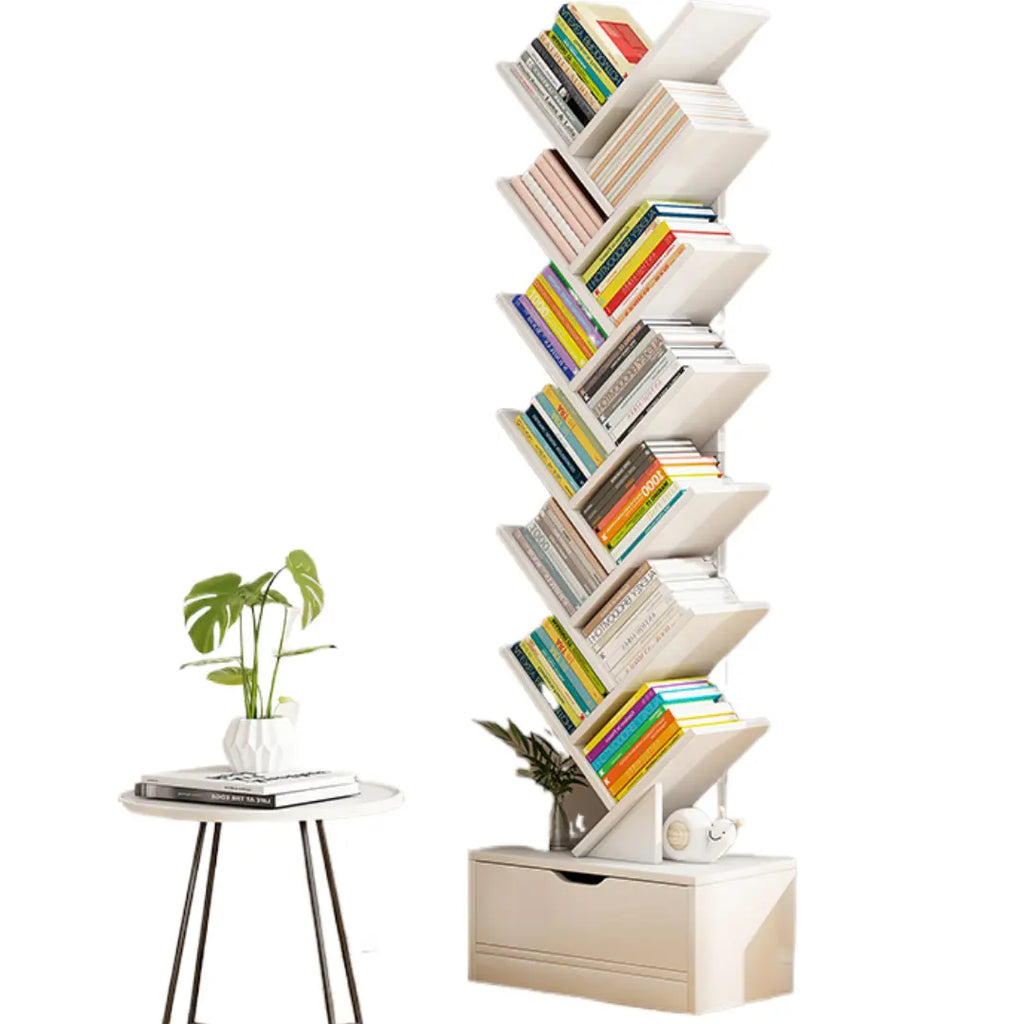 Bibliotecă tip arbore AT Performance, 12 niveluri, 1 sertar, PAL melaminat, stil modern, albă