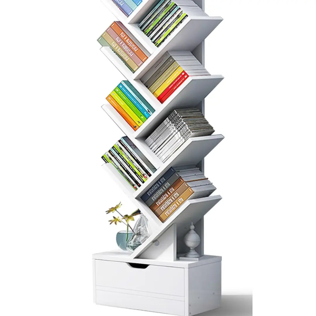 Bibliotecă tip arbore AT Performance, 12 niveluri, 1 sertar, PAL melaminat, stil modern, albă
