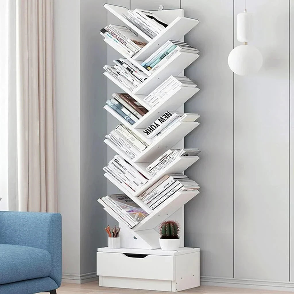 Bibliotecă tip arbore AT Performance, 12 niveluri, 1 sertar, PAL melaminat, stil modern, albă