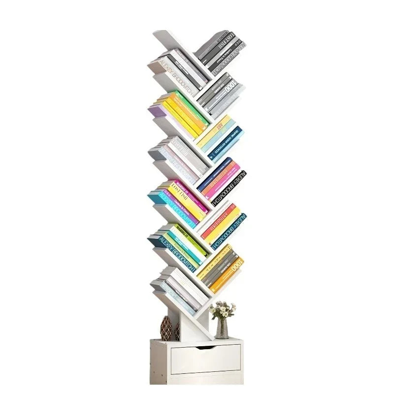 Bibliotecă tip arbore AT Performance, 12 niveluri, 1 sertar, PAL melaminat, stil modern, albă