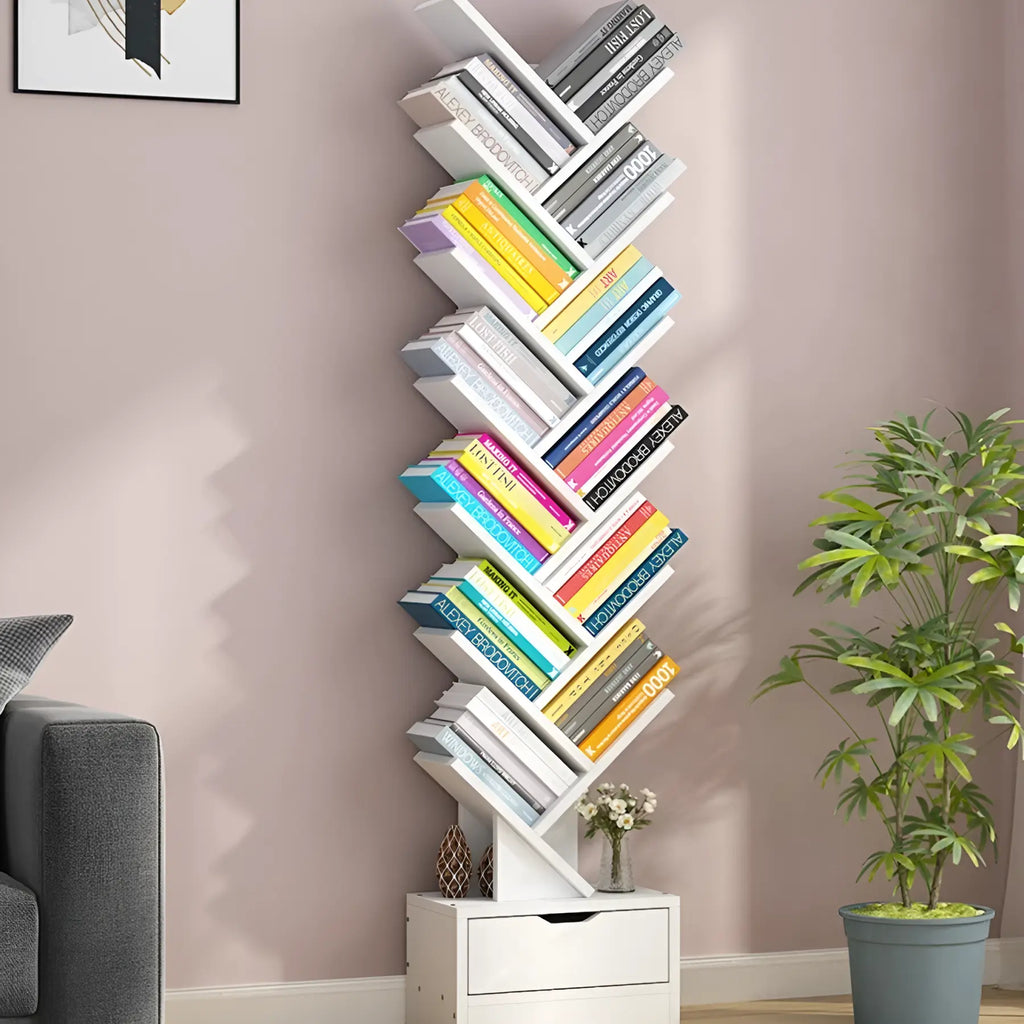 Bibliotecă tip arbore AT Performance, 12 niveluri, 1 sertar, PAL melaminat, stil modern, albă