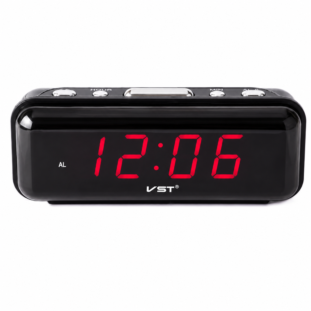 Ceas digital cu alarmă AT Performance, afișaj LED 0,9 inch, format 24h, alimentare 220V sau AAA, roșu