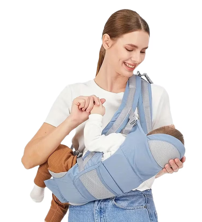 Marsupiu bebe, Ergonomic, AT PERFORMANCE®, Multifunctional, Purtare copil in fata sau in spate, Cu sezut, purtare pe sold sau pe umeri, 0-36 luni, Bumbac, 12 Pozitii, albastru deschis