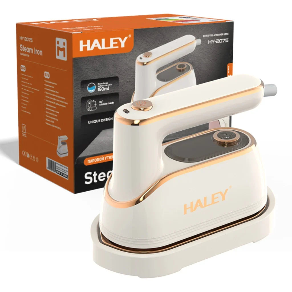 Fier de călcat vertical cu abur HALEY HY-2075, 1300 W, rezervor 150 ml, talpă ceramică, alb cu auriu rose