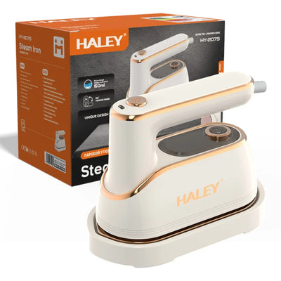 Fier de călcat vertical cu abur HALEY HY-2075, 1300 W, rezervor 150 ml, talpă ceramică, alb cu auriu rose