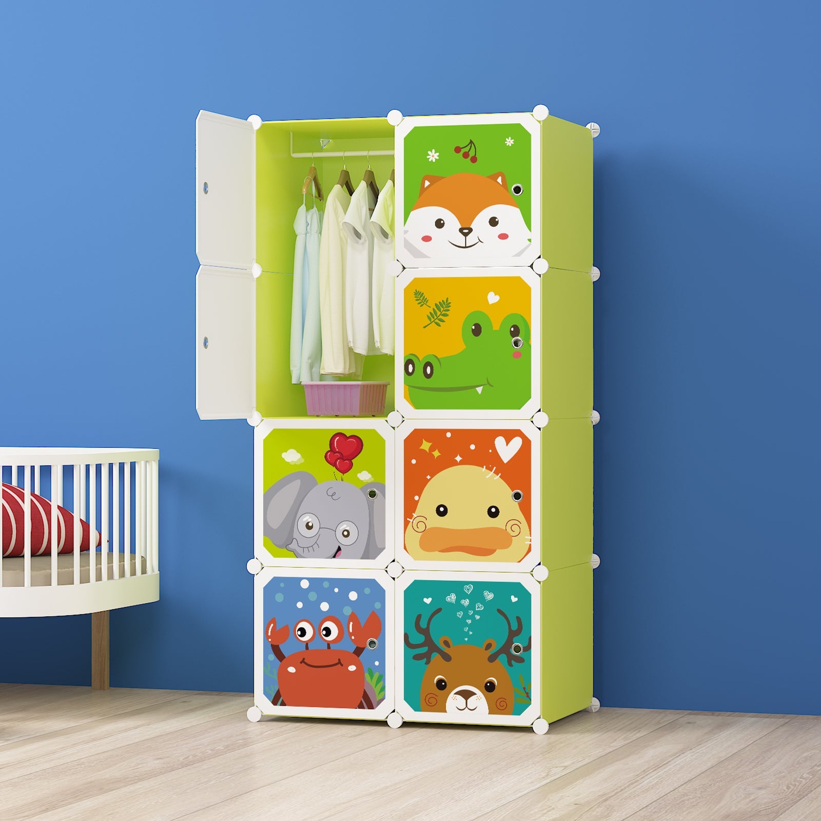 Dulap modular pentru copii AT Performance, 8 rafturi, 76 x 37 x 147 cm, cadru metalic, verde