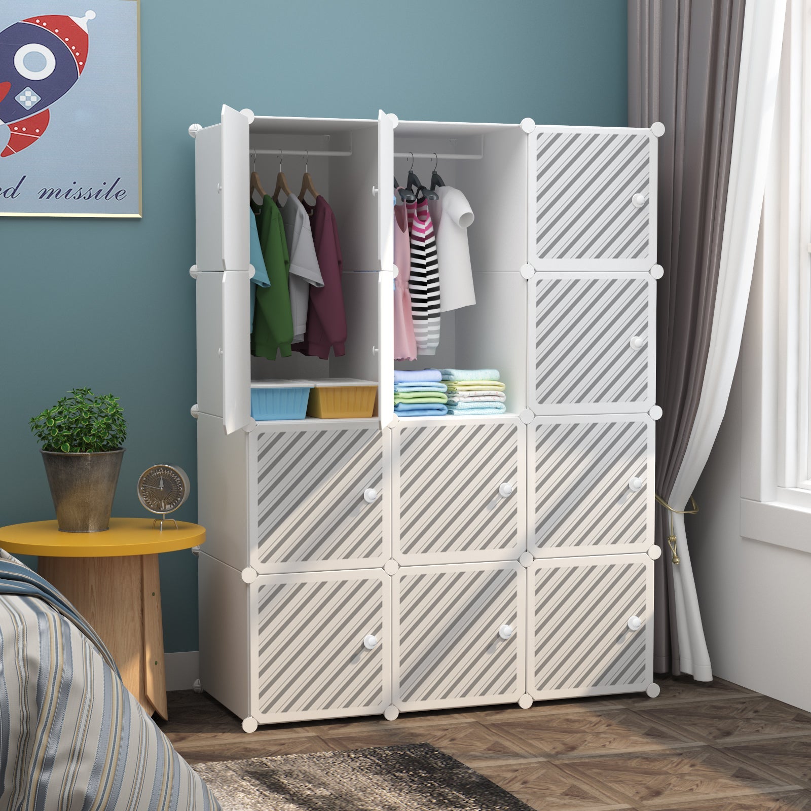 Dulap modular pentru copii AT Performance, 12 rafturi, 110x37x147 cm, plastic durabil, alb cu negru