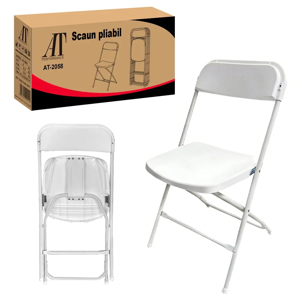 Set 4 scaune pliabile AT Performance, cadru metal vopsit, șezut plastic rezistent, interior-exterior, alb