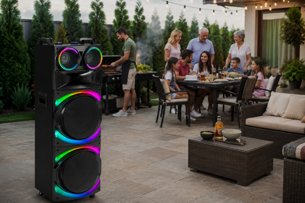 Boxă karaoke portabilă AT Performance KOLAV-F2232, 2x12 inch, bluetooth, 2 microfoane wireless, RGB LED, negru