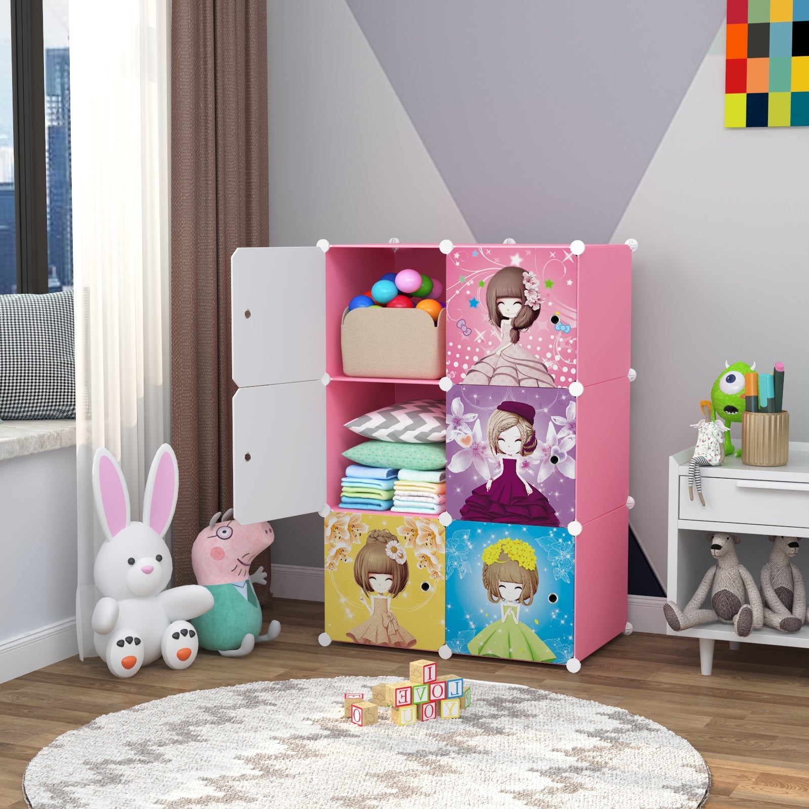 Dulap modular pentru copii AT Performance, 6 rafturi, 74x37x110 cm, închidere magnetică, roz