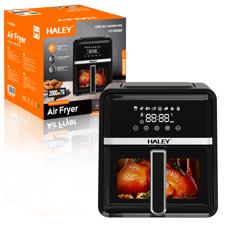 Friteuză cu aer cald HALEY, 7 L, 2000 W, touchscreen holografic, 8 programe, geam panoramic 180°